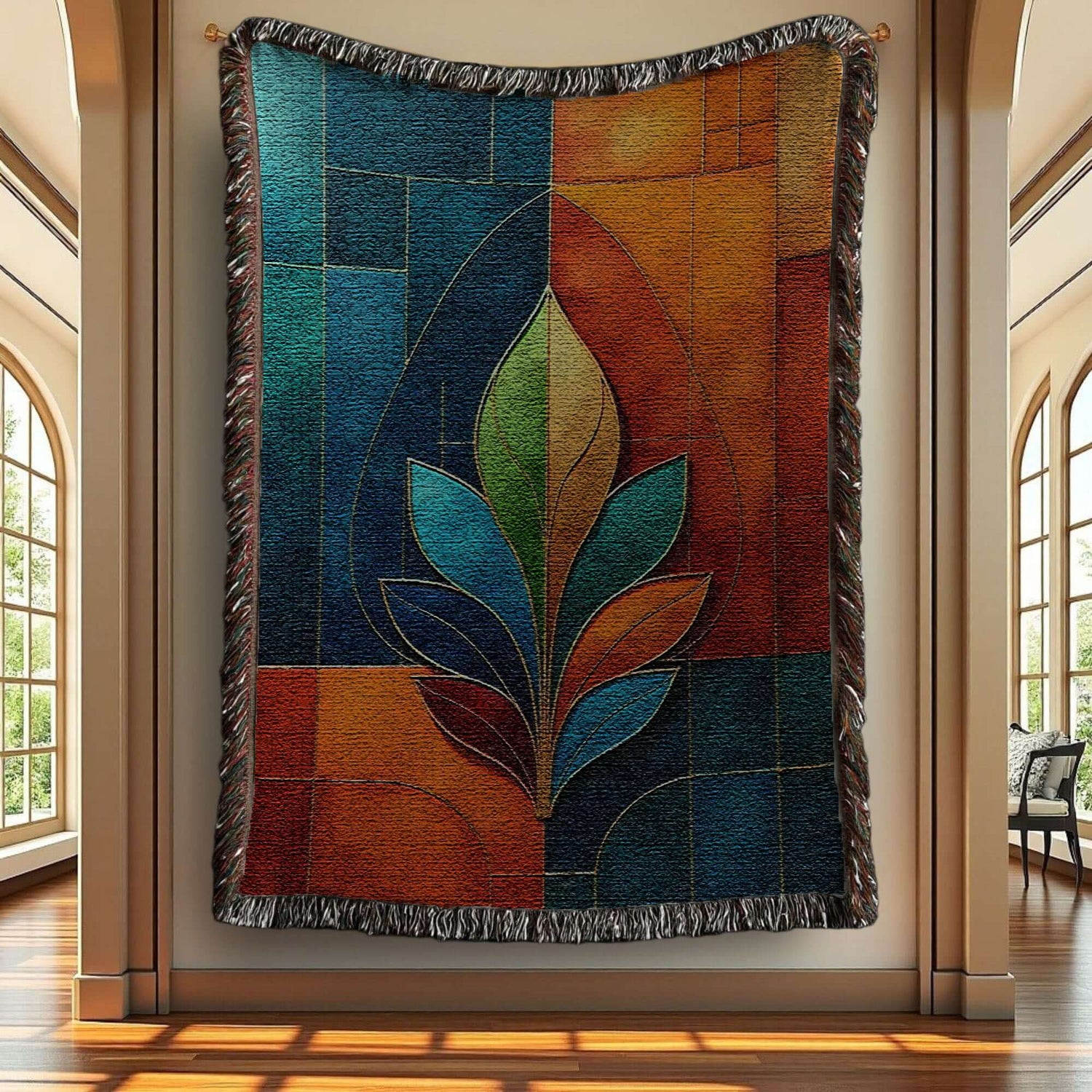 Multicolor Abstract Flower Woven Blanket Tapestry hanging on a wall.