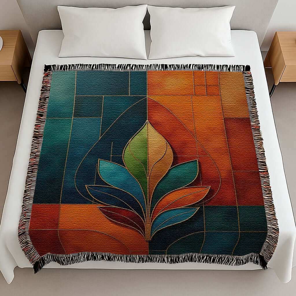 Overhead view of a Multicolor Abstract Flower Woven Blanket Tapestry draped on a bed.