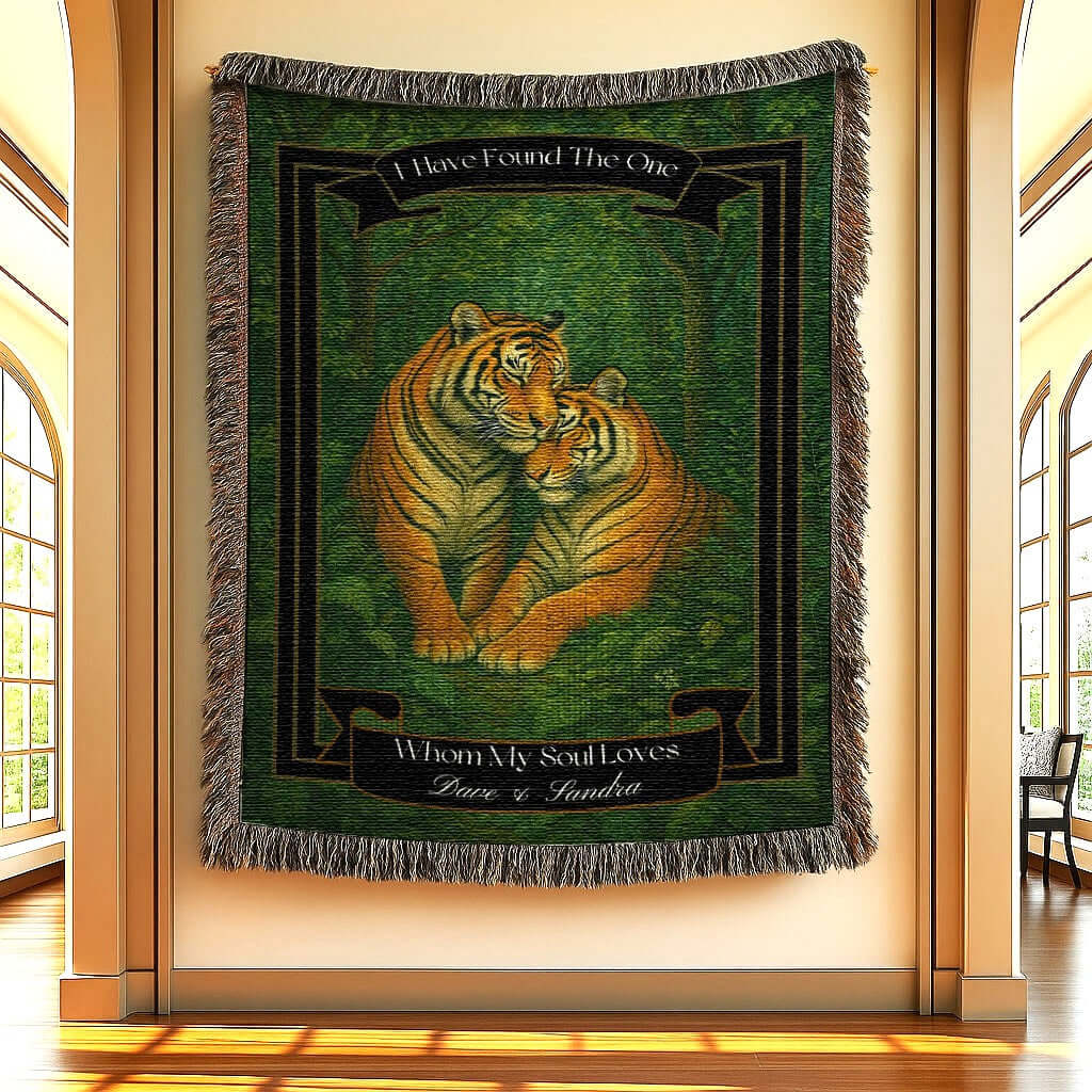 Personalized Tigers Couples Blanket hanging on a gallery wall.