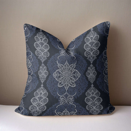 Navy White Damask Woven Pillow on a white surface with a taupe background.
