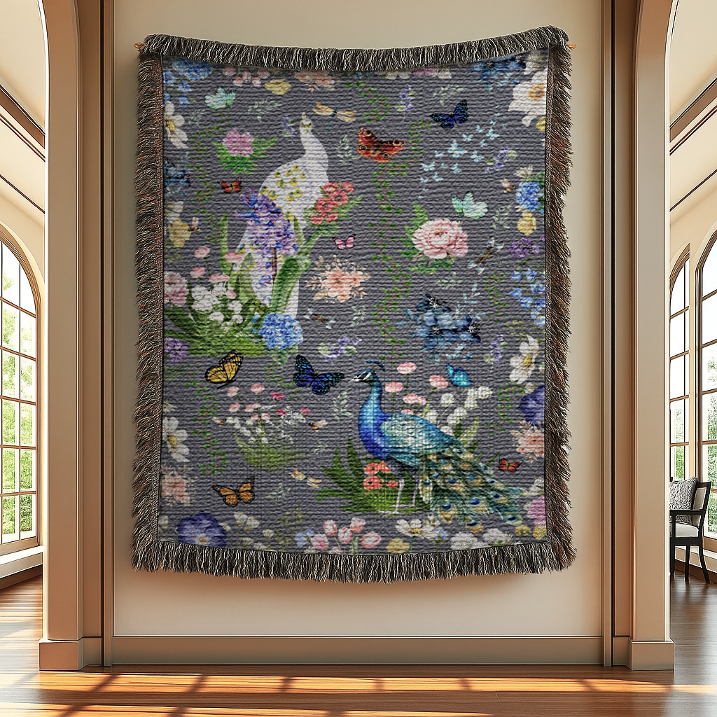 Dark Gray Peacock Floral Woven Blanket with Fringes hanging on a gallery wall