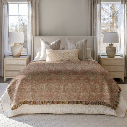 Pink and Beige Damask Woven Blanket