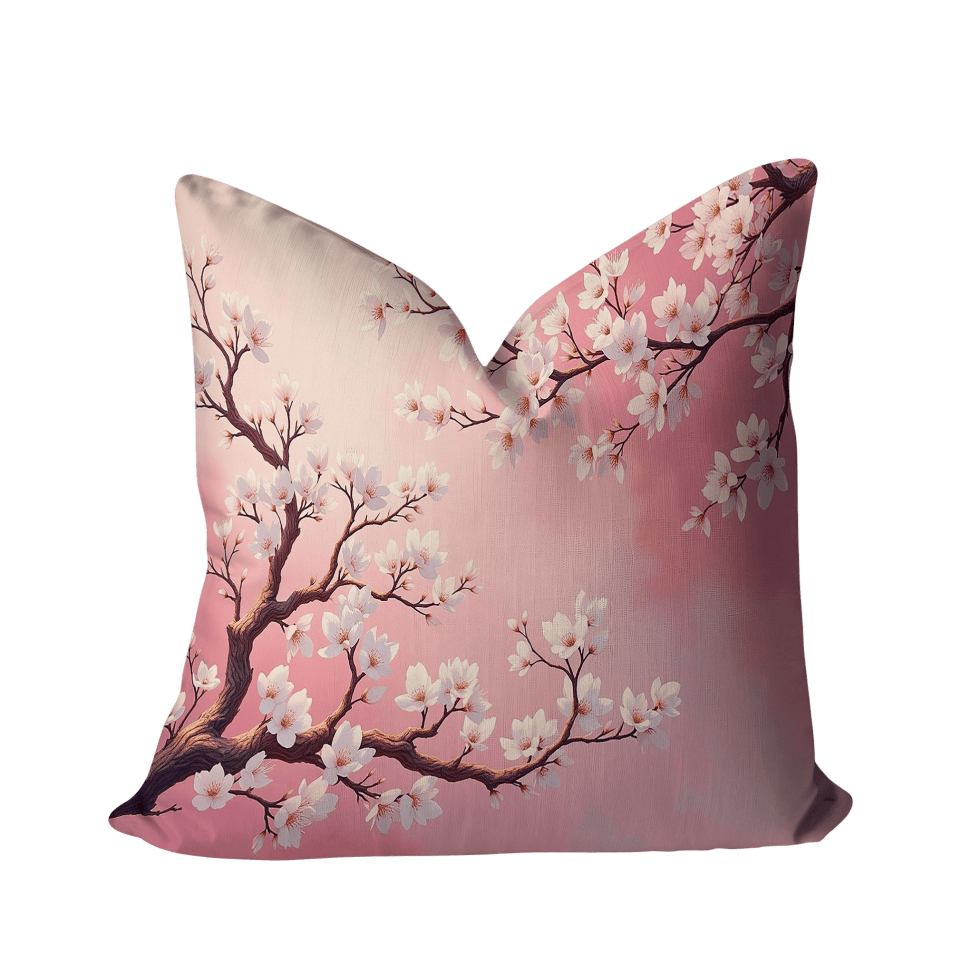 Pink Almond Blossom Woven Pillow against a white background.