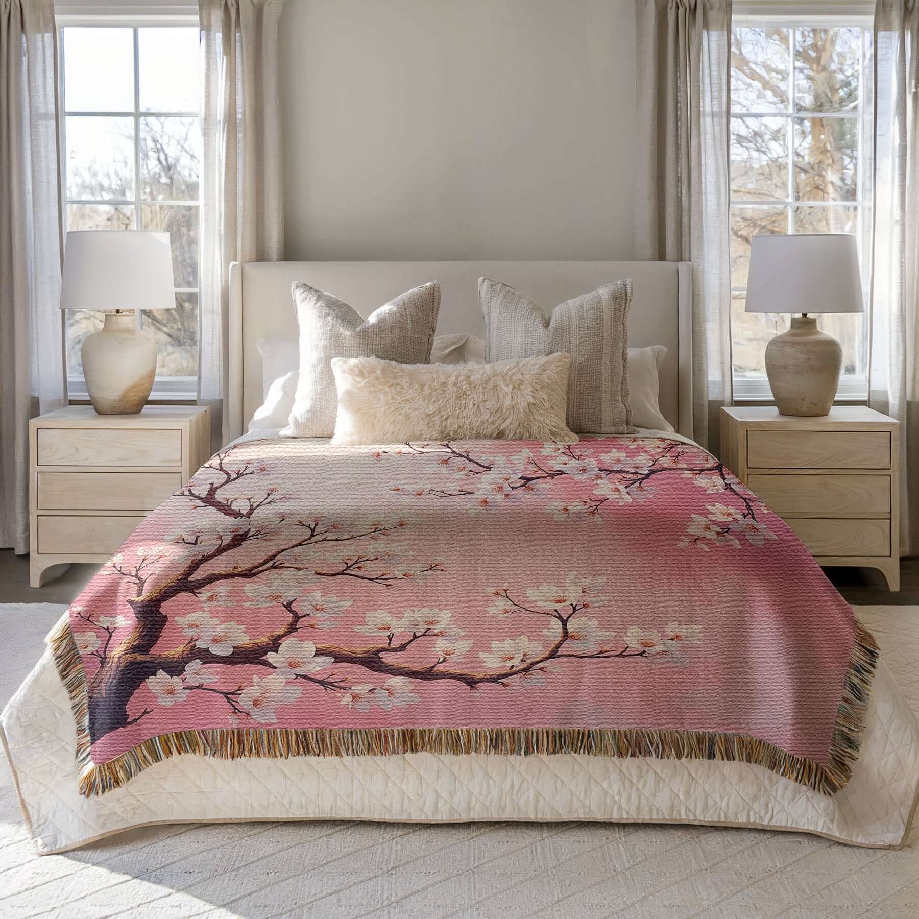 Pink Almond Blossom Woven Blanket draped on a bed in a Bedroom with two lamps on nightstands, and large windows.