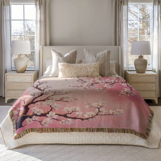 Pink Almond Blossom Woven Blanket draped on a bed in a Bedroom with two lamps on nightstands, and large windows.