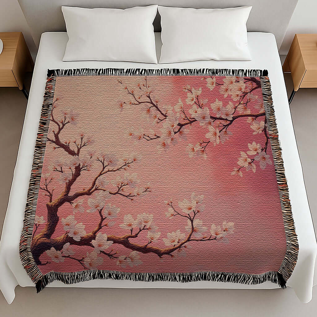 Overhead view of the Pink Almond Blossom Woven Blanket draped on a bed.