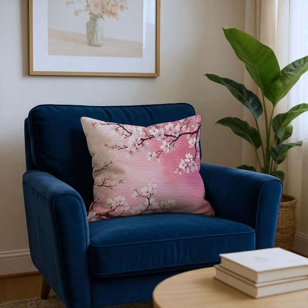 Pink Almond Blossom Woven Pillow on a blue velvet armchair.