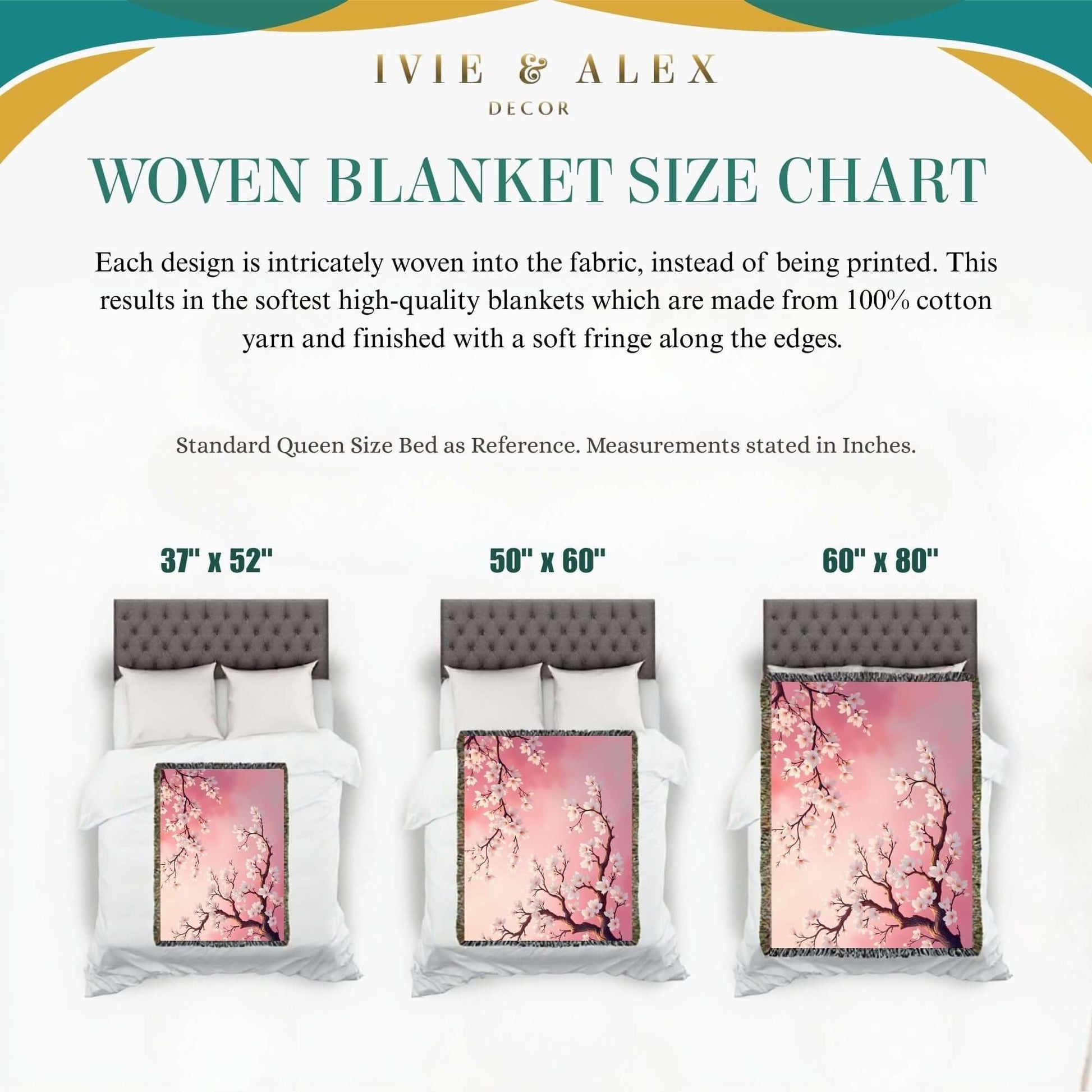 Woven blanket size chart with IVIE & ALEX DECOR branding and the Pink Almond Blossom Woven Blanket, displaying three sizes: 37”x52”, 50”x60”, and 60”x80”.