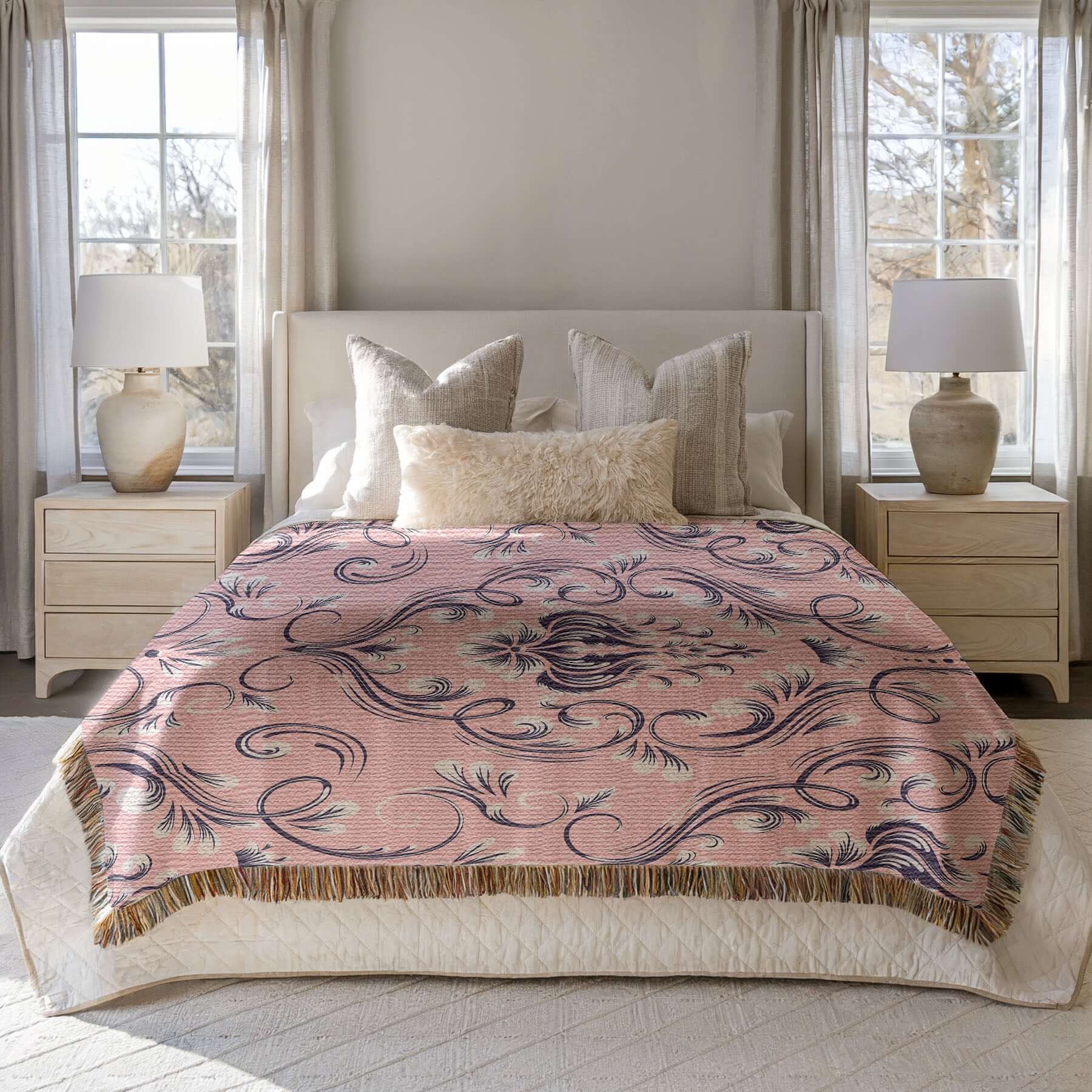 Pink Floral Damask Woven Blanket spread elegantly on a bed, showcasing intricate floral damask design.