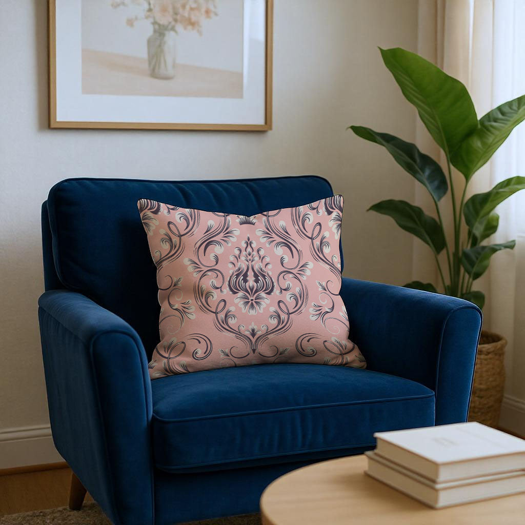 Pink And Navy Floral Damask Woven Pillow