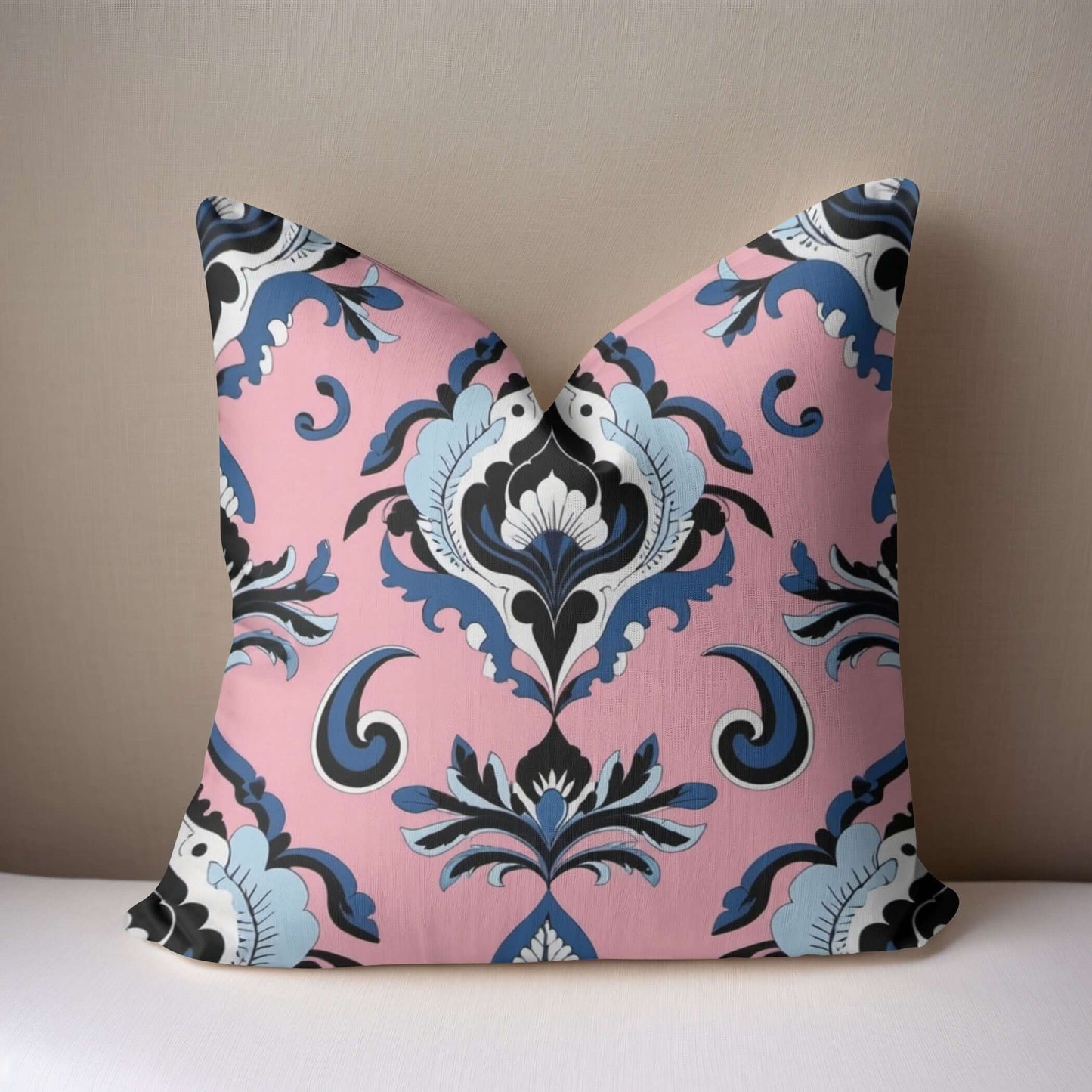 Pink and Navy Damask Floral Print Pillow