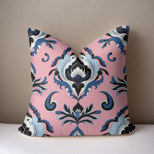 Pink and Navy Damask Floral Print Pillow