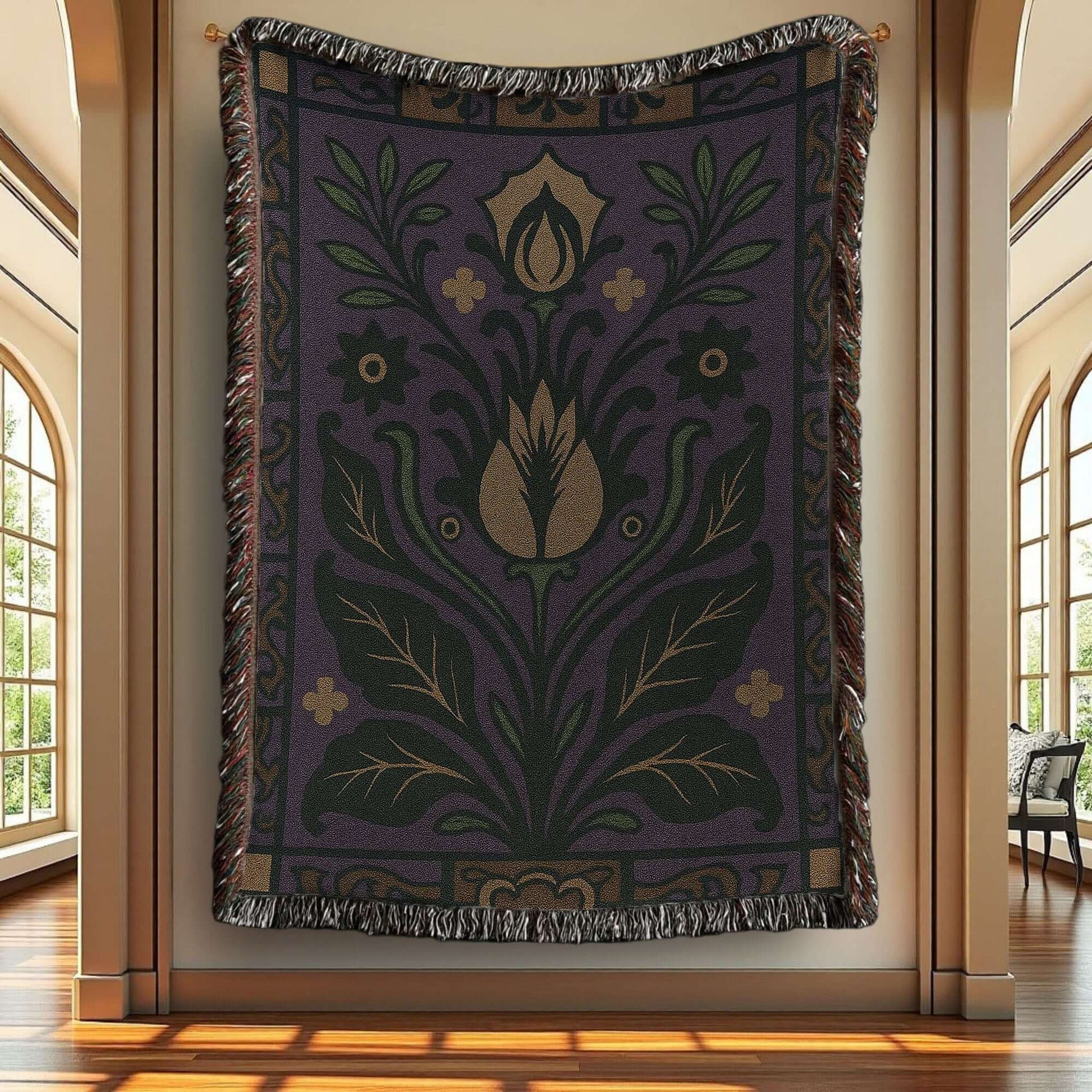Purple Floral Art Deco Inspired Woven Blanket Tapestry