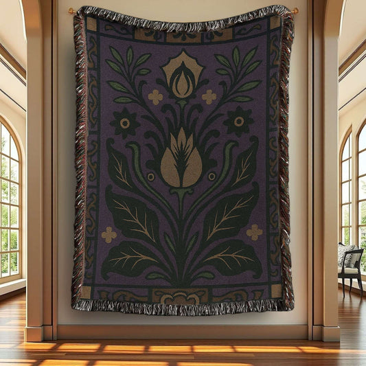 Purple Floral Art Deco Inspired Woven Blanket Tapestry