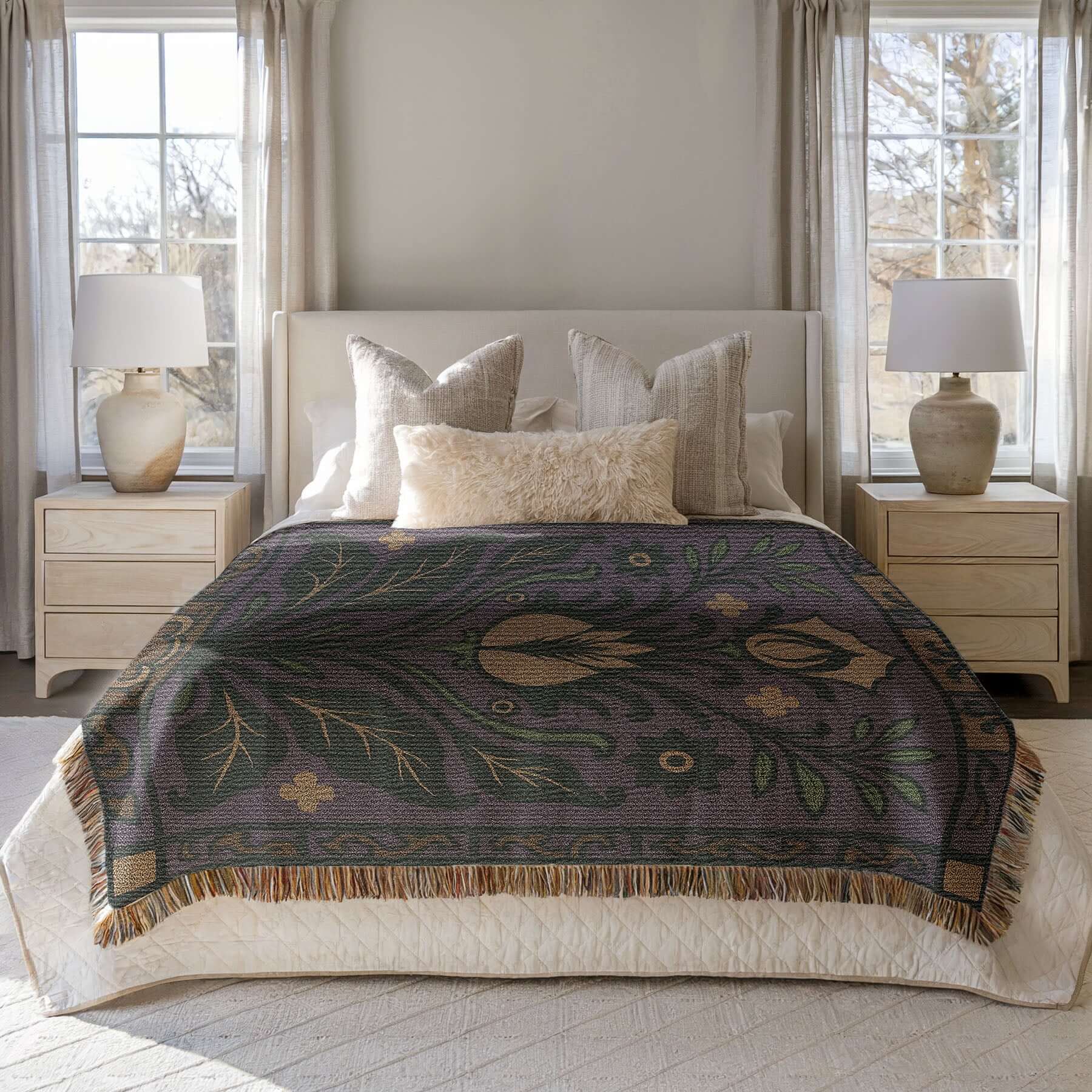 Purple Floral Art Deco Inspired Woven Blanket Tapestry