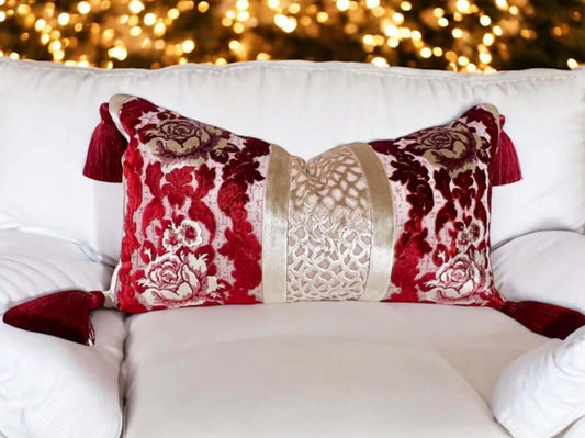 Red and Gold Cut Velvet Lumbar Pillow Cover with Tassels
