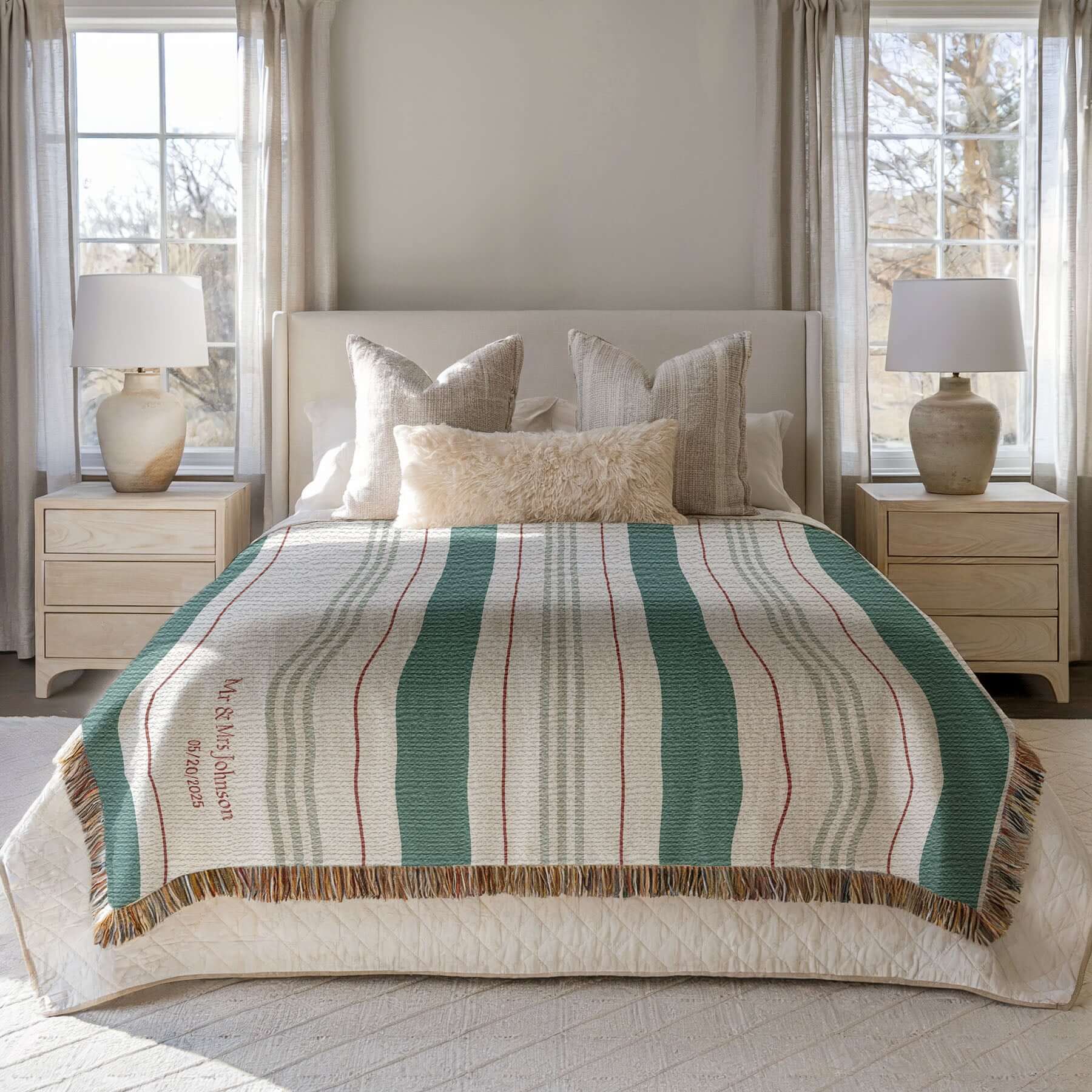 Personalized Striped Woven Blanket draped on a bed.