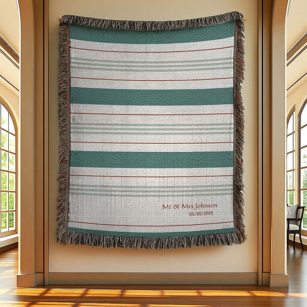 Personalized Striped Woven Blanket hanging on a gallery wall.