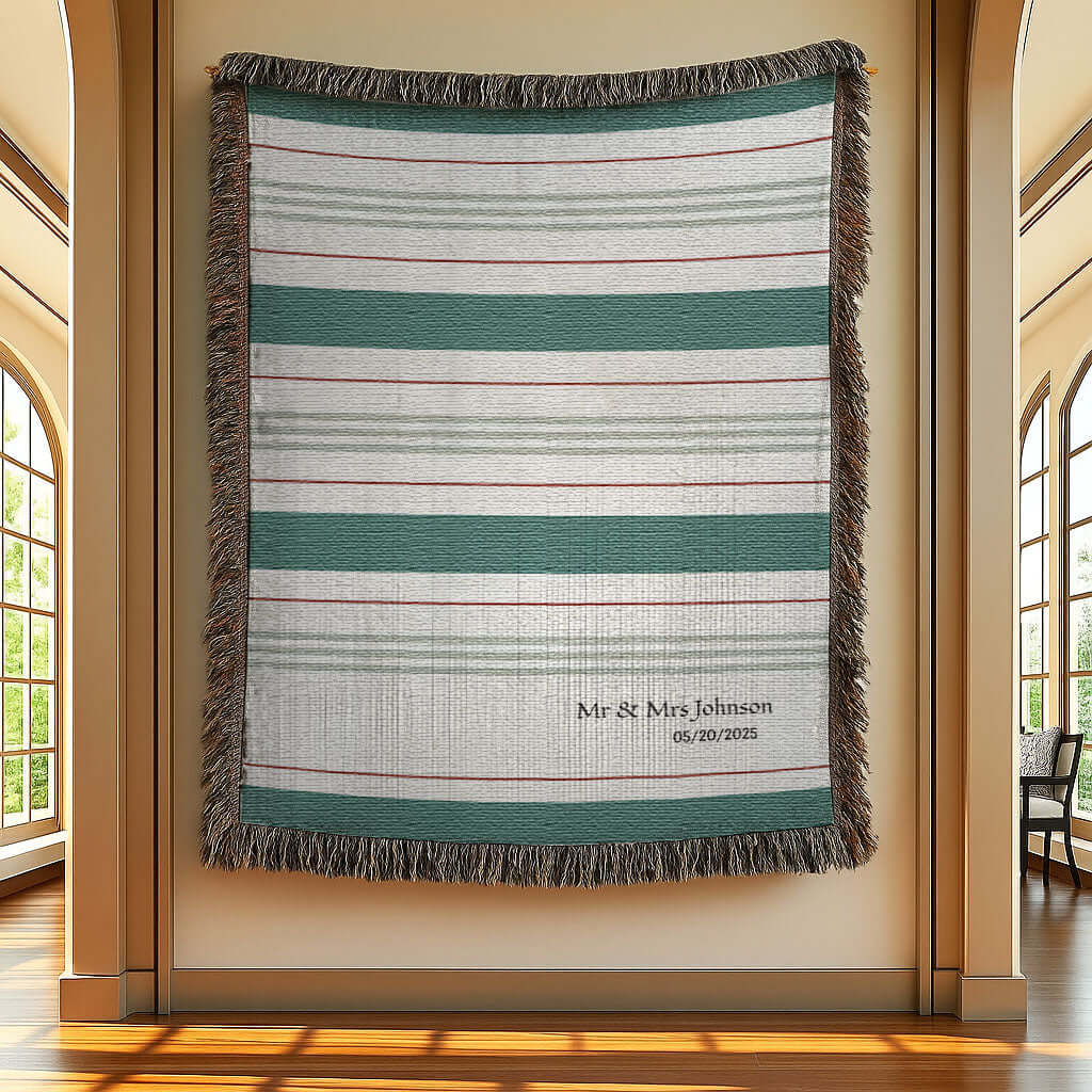 Personalized Striped Woven Blanket hanging on a gallery wall.