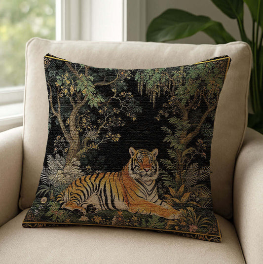 Tiger Woven Pillow: Exotic Jungle Accent Piece resting on a beige armchair next to a window