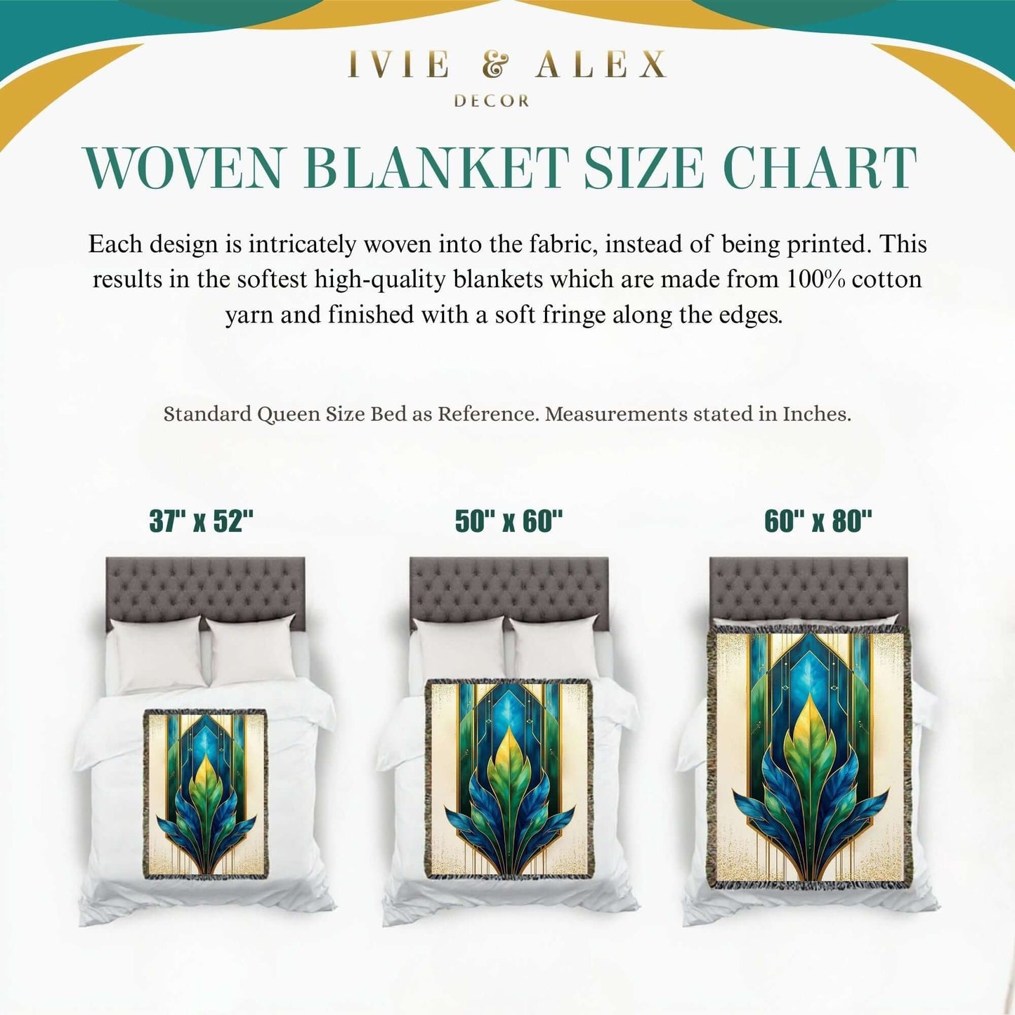 IVIE & ALEX Decor woven blanket size chart for the Art Deco Woven Blanket in Blue Green Gold which displays three sizes: 37"x52", 50"x60", and 60"x80."