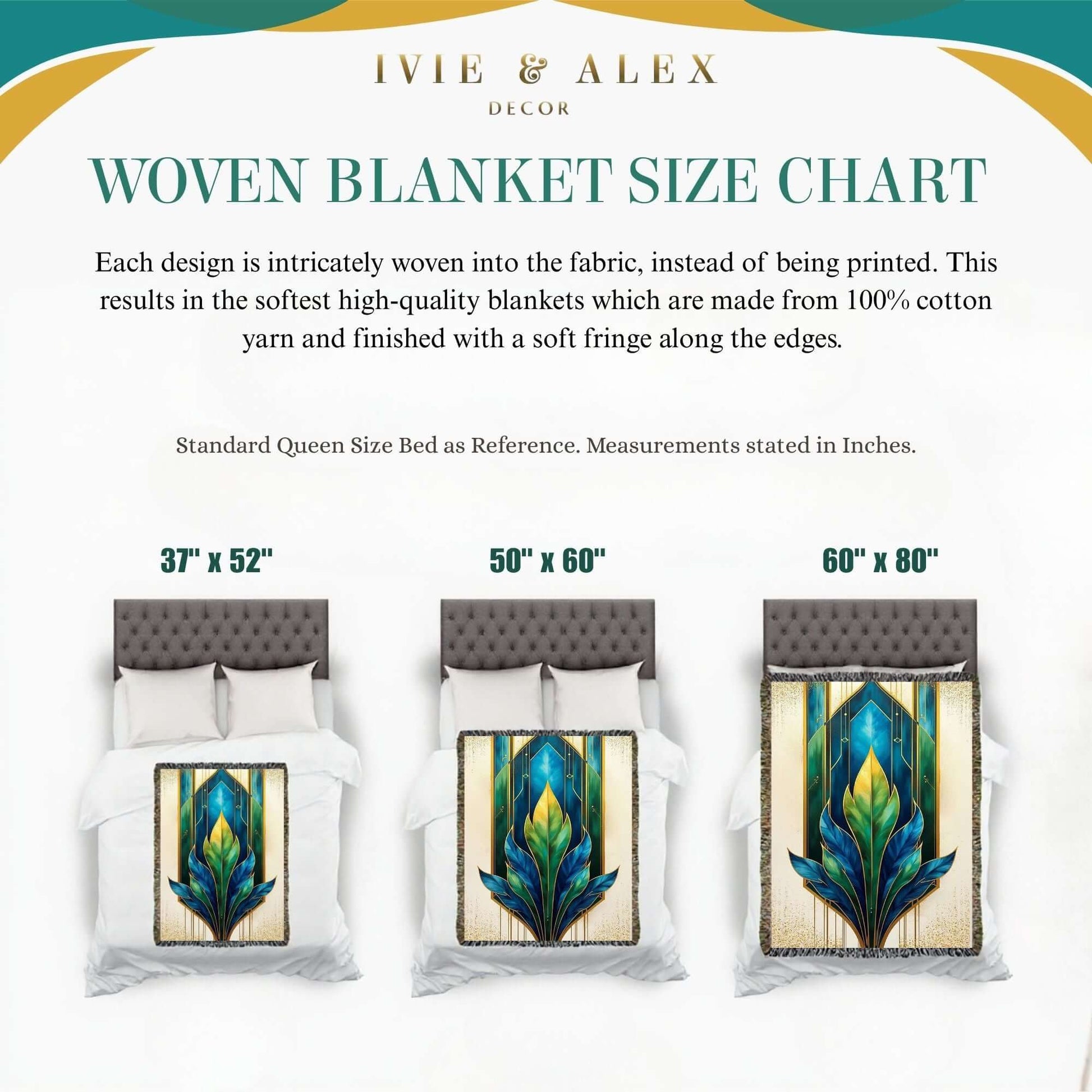 IVIE & ALEX Decor woven blanket size chart for the Art Deco Woven Blanket in Blue Green Gold which displays three sizes: 37"x52", 50"x60", and 60"x80."