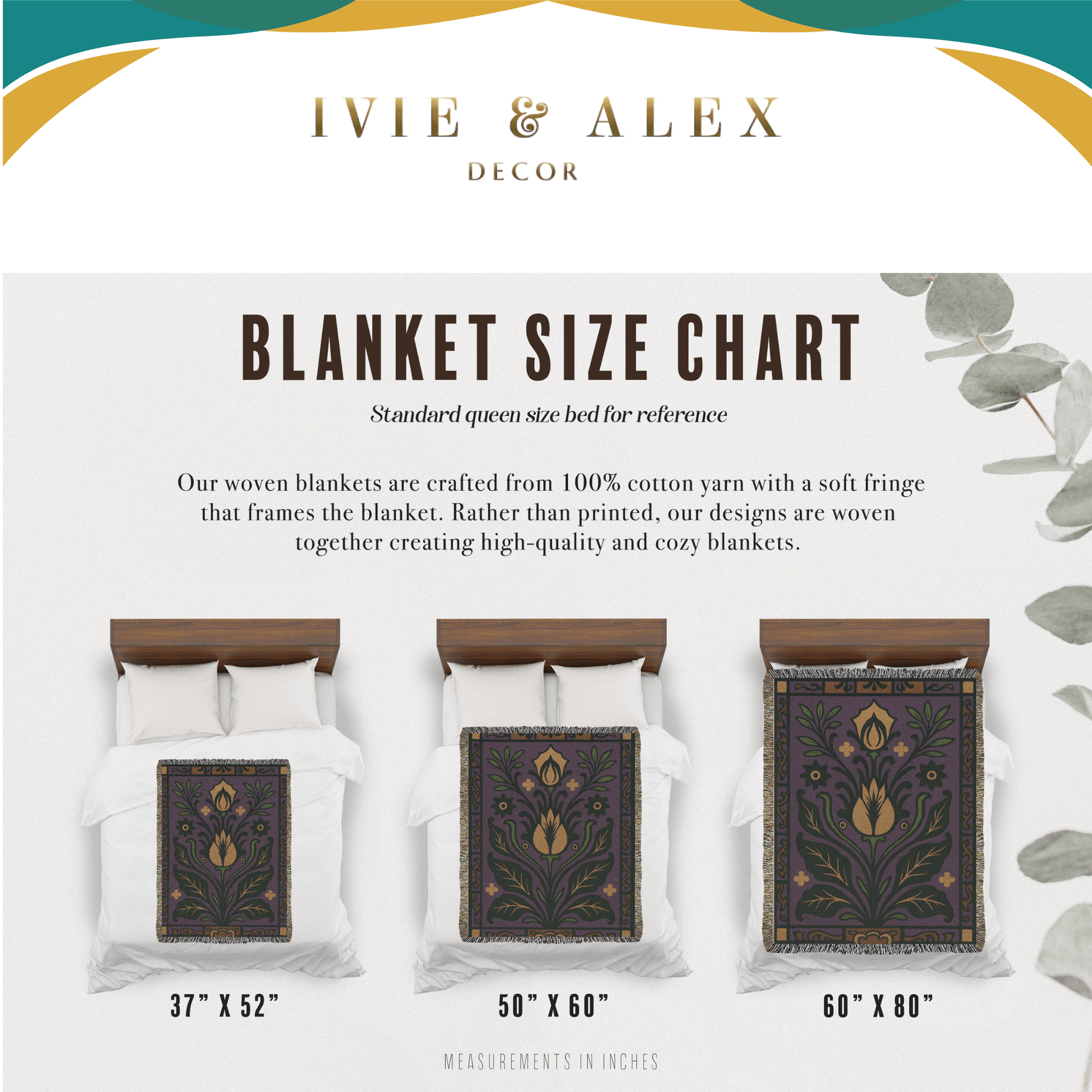 Purple Floral Art Deco Inspired Woven Blanket Tapestry Size Chart.