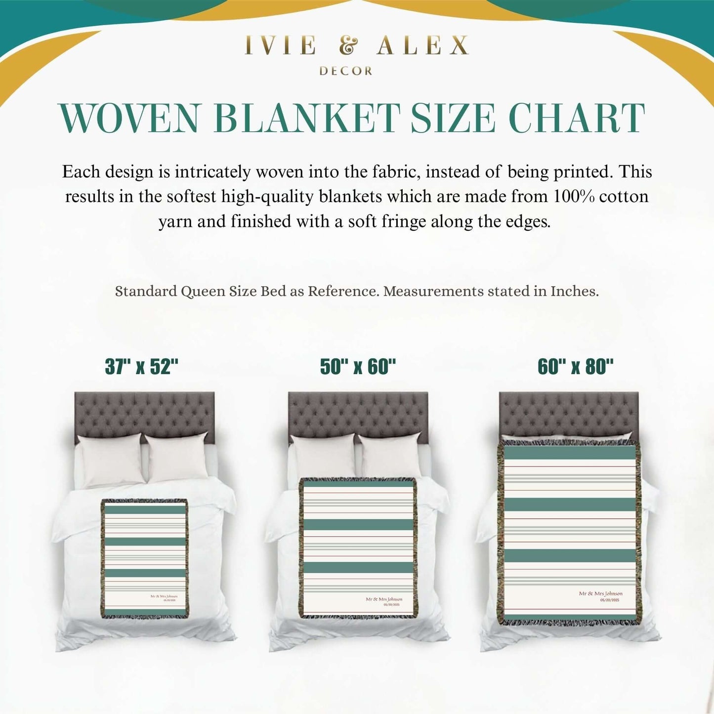 Personalized Striped Woven Blanket size chart featuring three sizes, 37"x52", 50"x60", and 60"x80.".