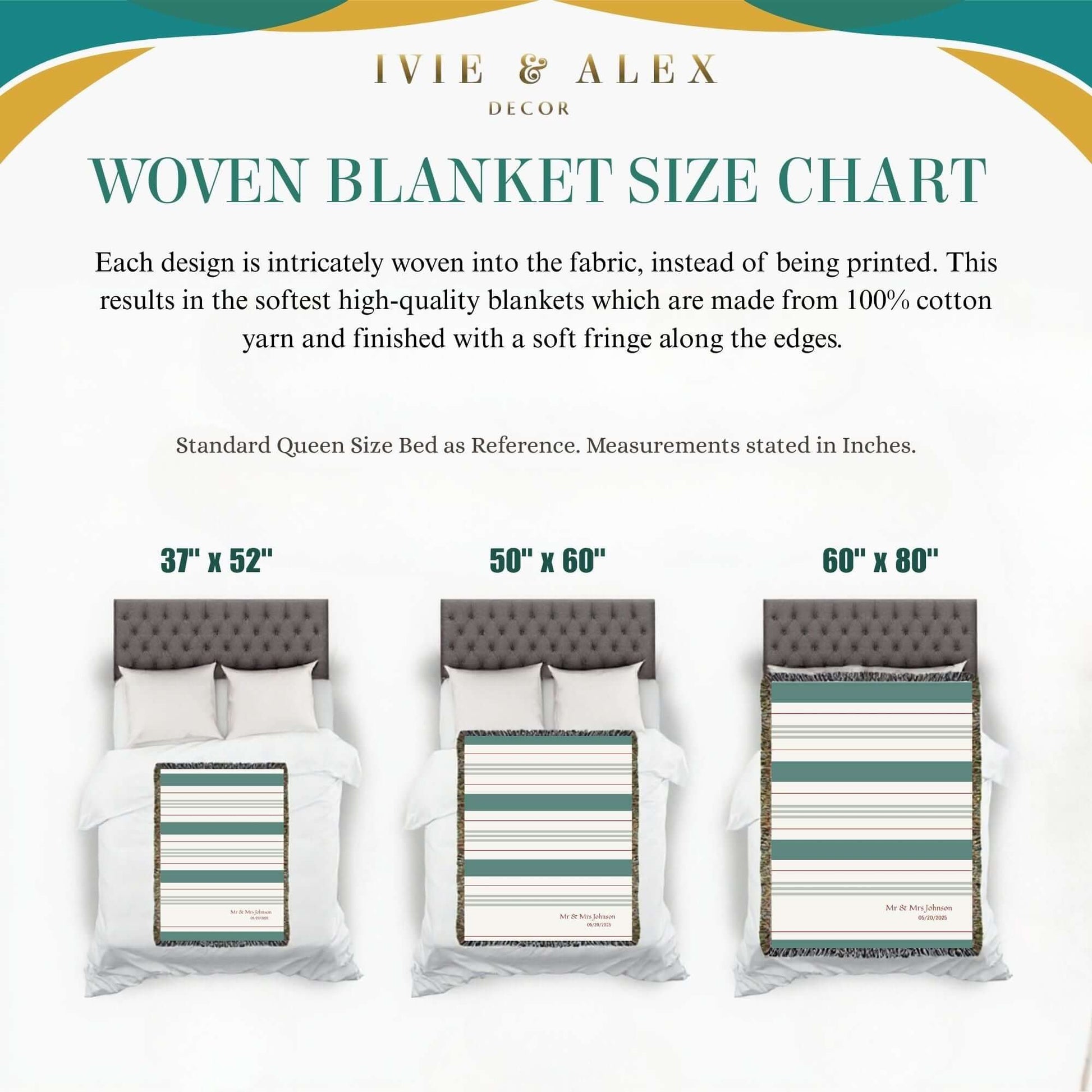 Personalized Striped Woven Blanket size chart featuring three sizes, 37"x52", 50"x60", and 60"x80.".