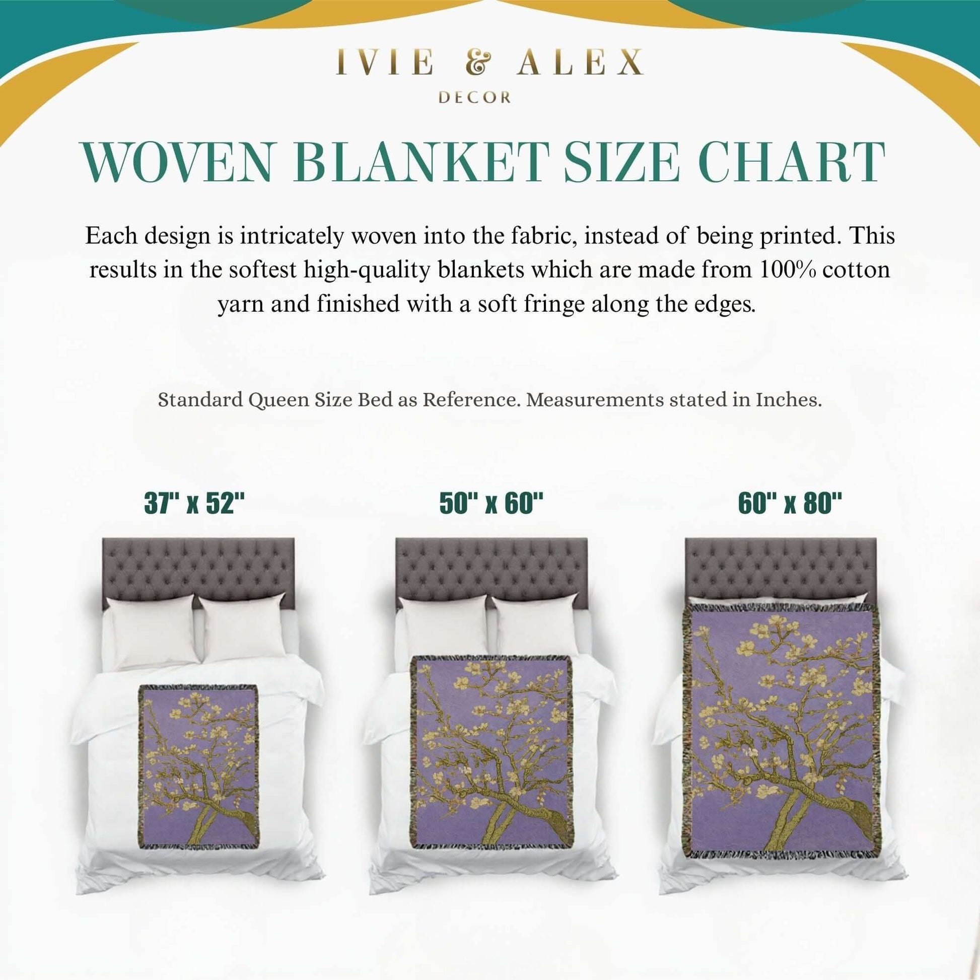 Woven Blanket Size Chart displaying dimensions for Lavender Almond Blossom Woven Blanket in Queen size bed reference, displaying sizes 37"x52", 50"x60", and 60"x80."