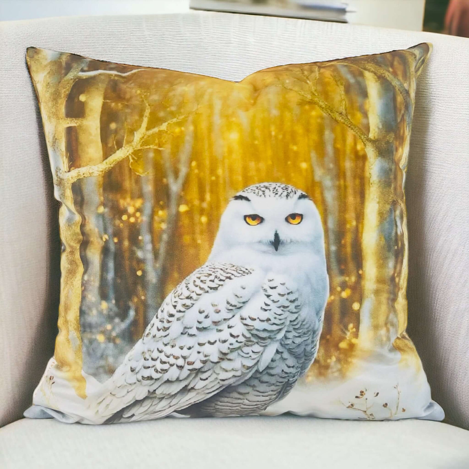Snowy Owl Enchanted Forest Velvet Pillow Cover on a white chair