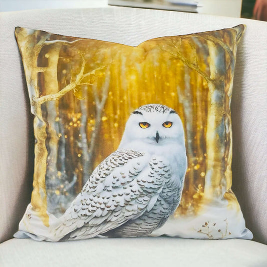Snowy Owl Enchanted Forest Velvet Pillow Cover on a white chair