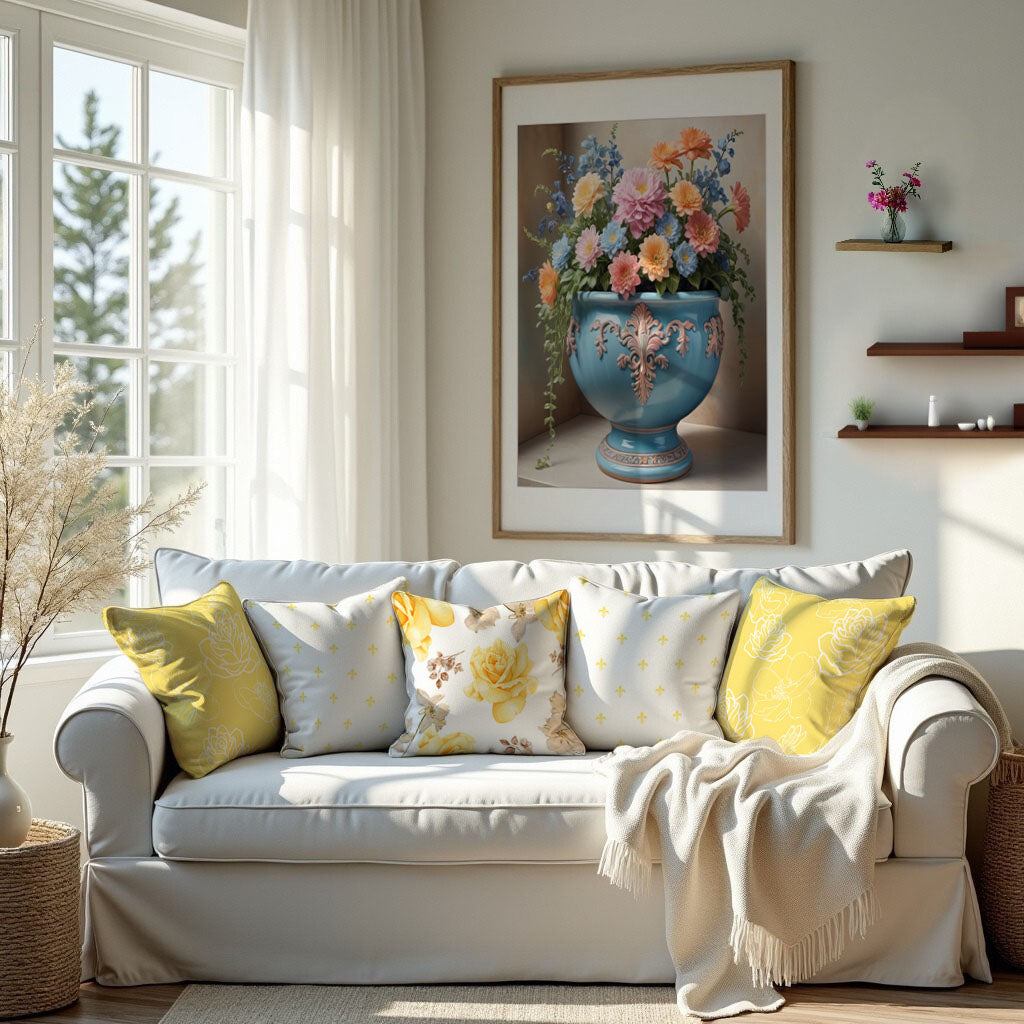 Yellow and white floral pillows on a white sofa.