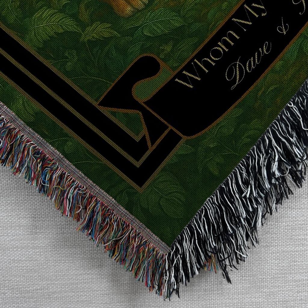 Corner view of the Personalized Tigers Couples Blanket with taupe text
