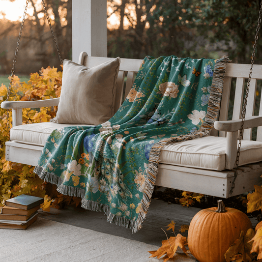 Teal Peacock Floral Woven Blanket with Fringes draped over a white bench on a porch with pumpkins and books.