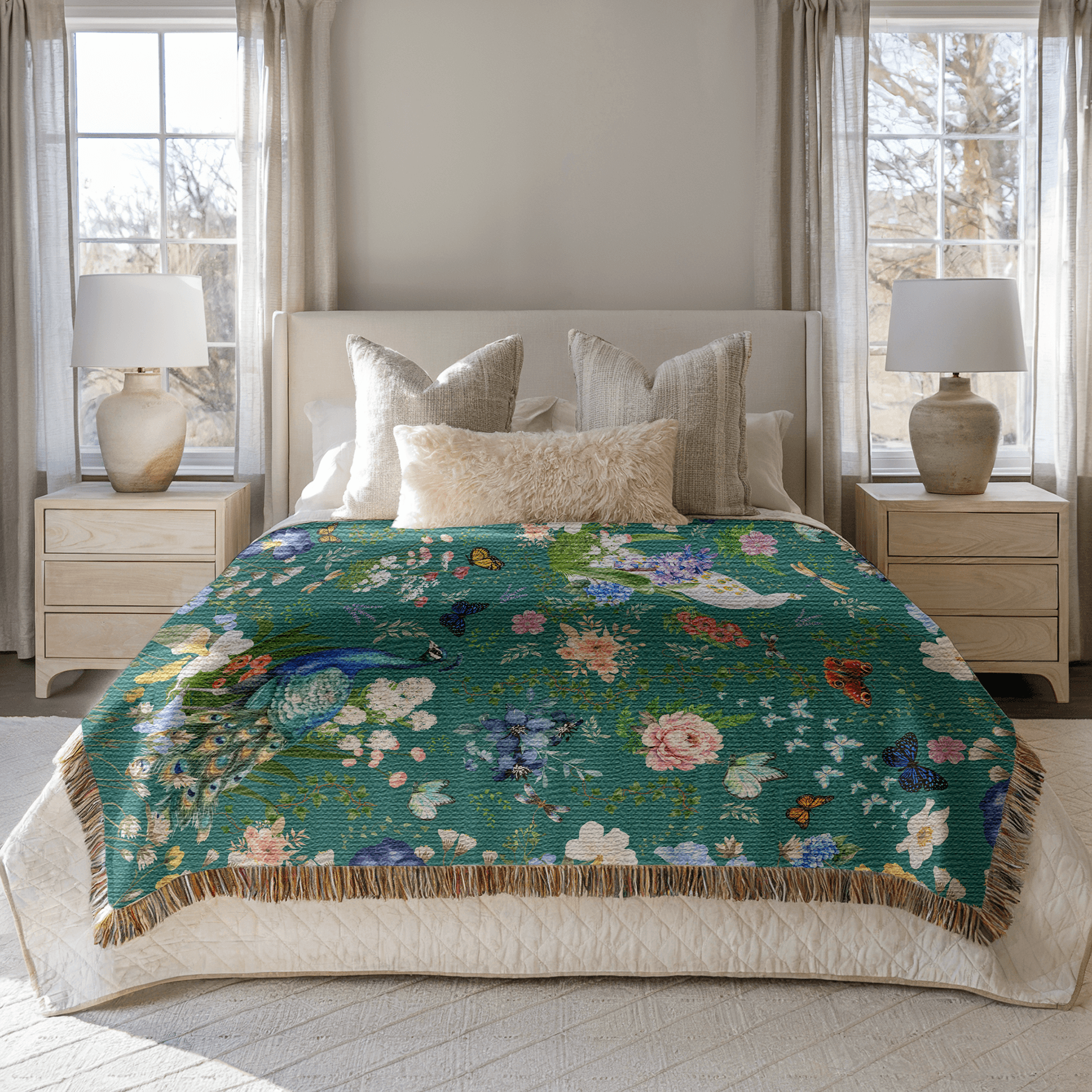 Teal Peacock Floral Woven Blanket with Fringes on a bed in a bedroom setting