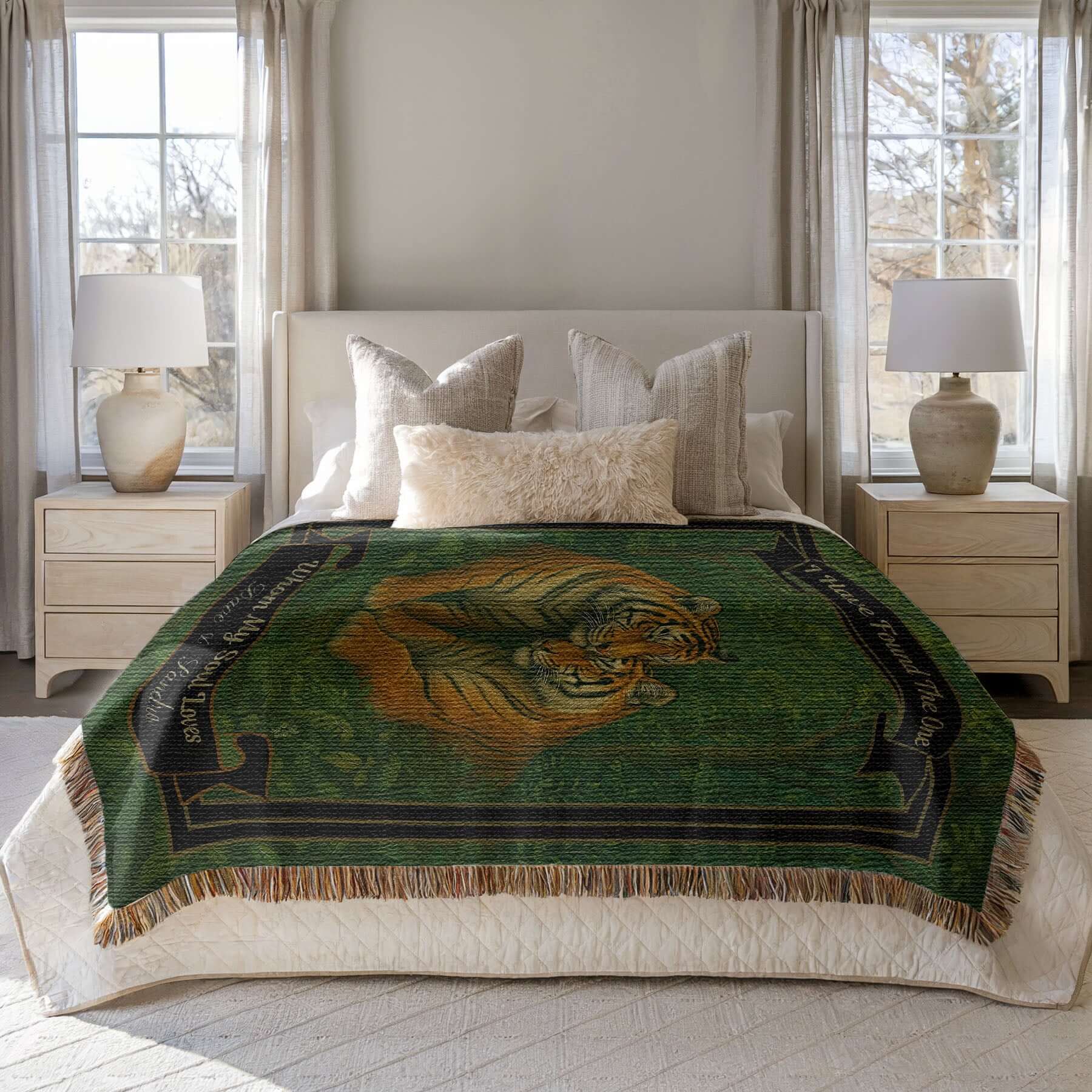 Personalized Tigers Couples Blanket draped on a bed