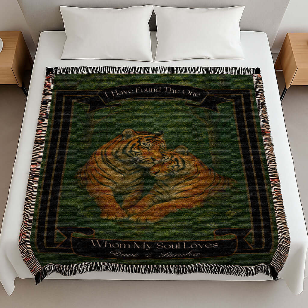 Overhead view of the Personalized Tigers Couples Blanket draped on a bed