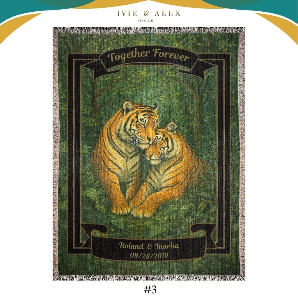 Personalized Tigers Couples Blanket featuring “Together forever” in taupe text.