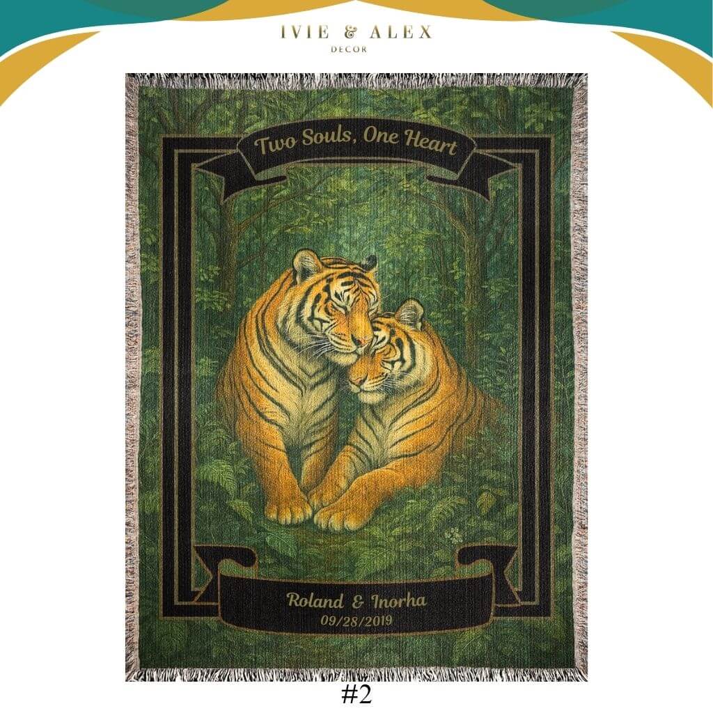 Personalized Tigers Couples Blanket featuring “Two souls, one heart” in taupe text.