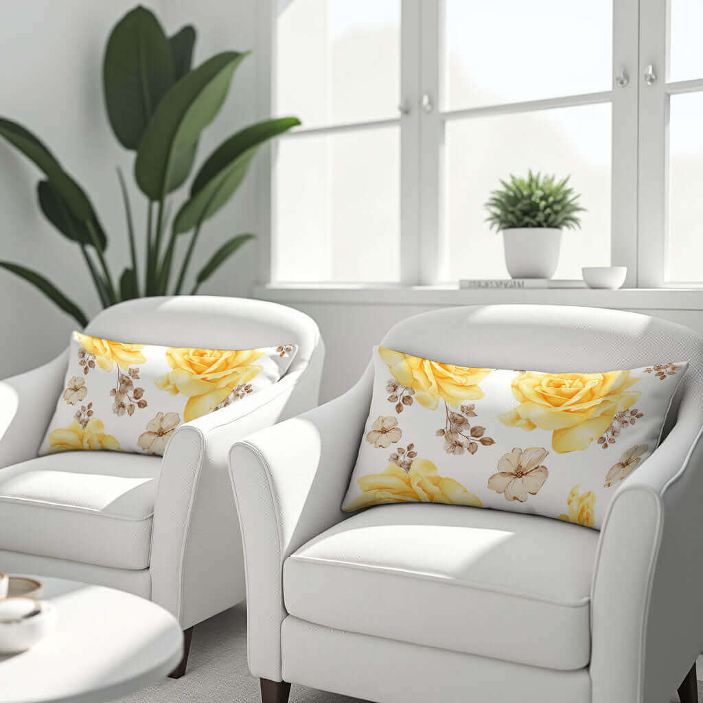 Two yellow, tan and white lumbar pillows on two white armchairs.