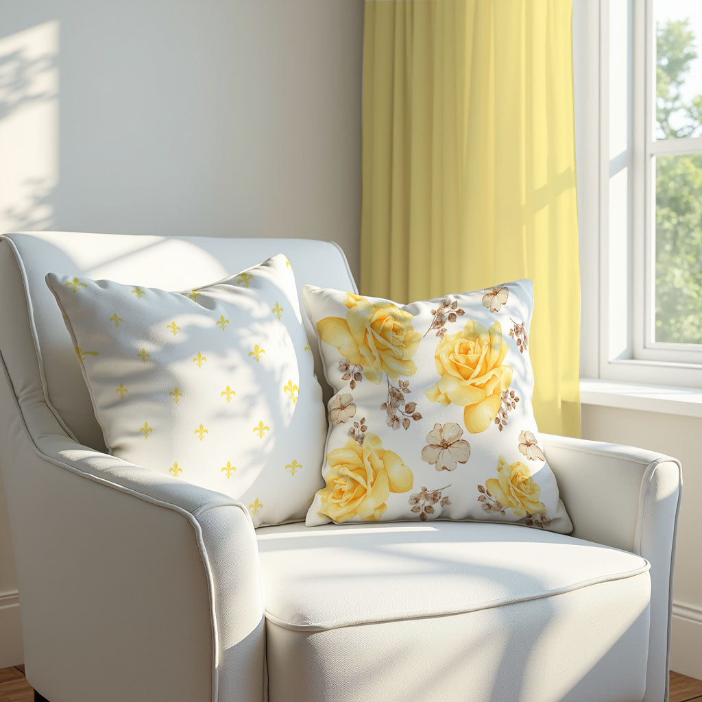 Two yellow and white pillows on a white armchair.