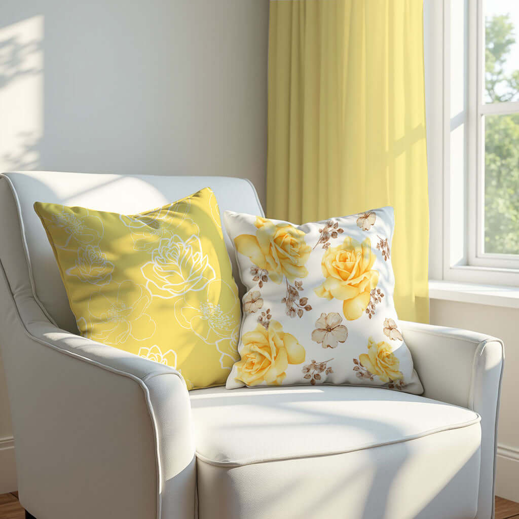 Two yellow and white pillows on an armchair.