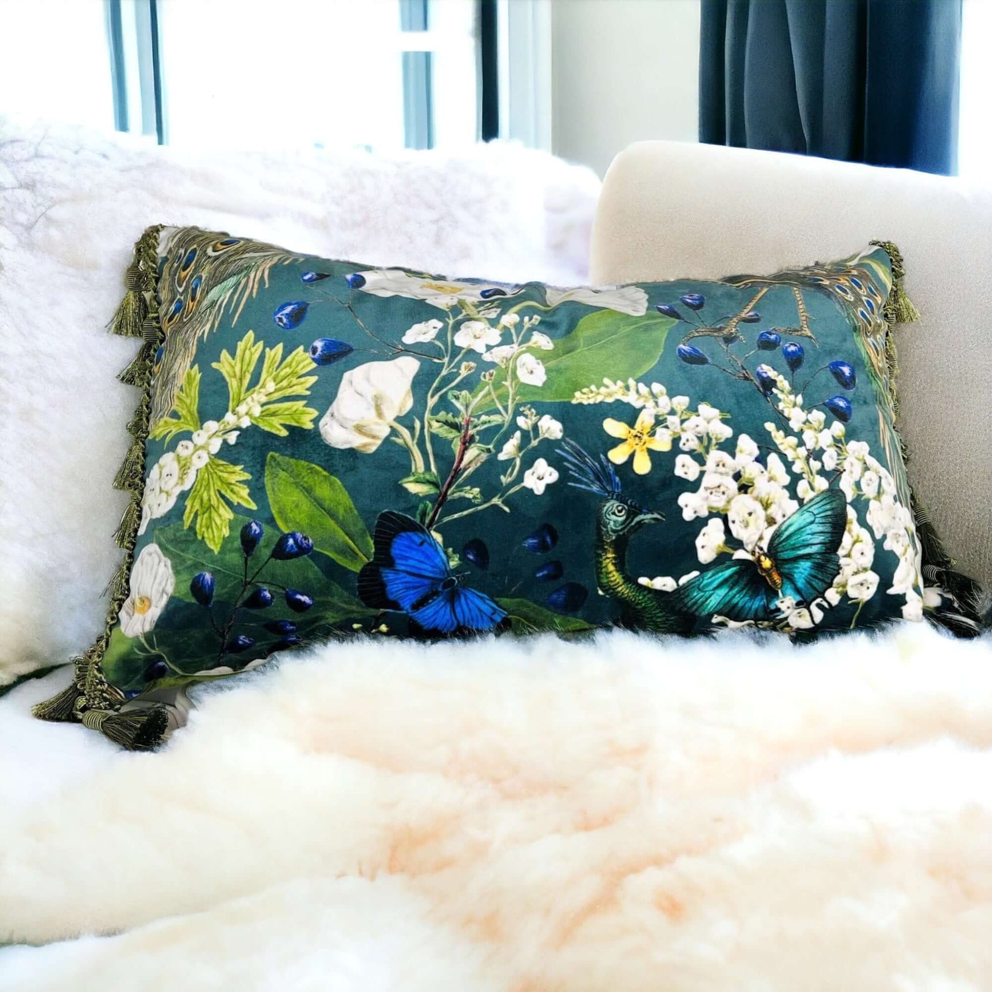 Peacock Velvet Lumbar Pillow Cover with Satin Lining