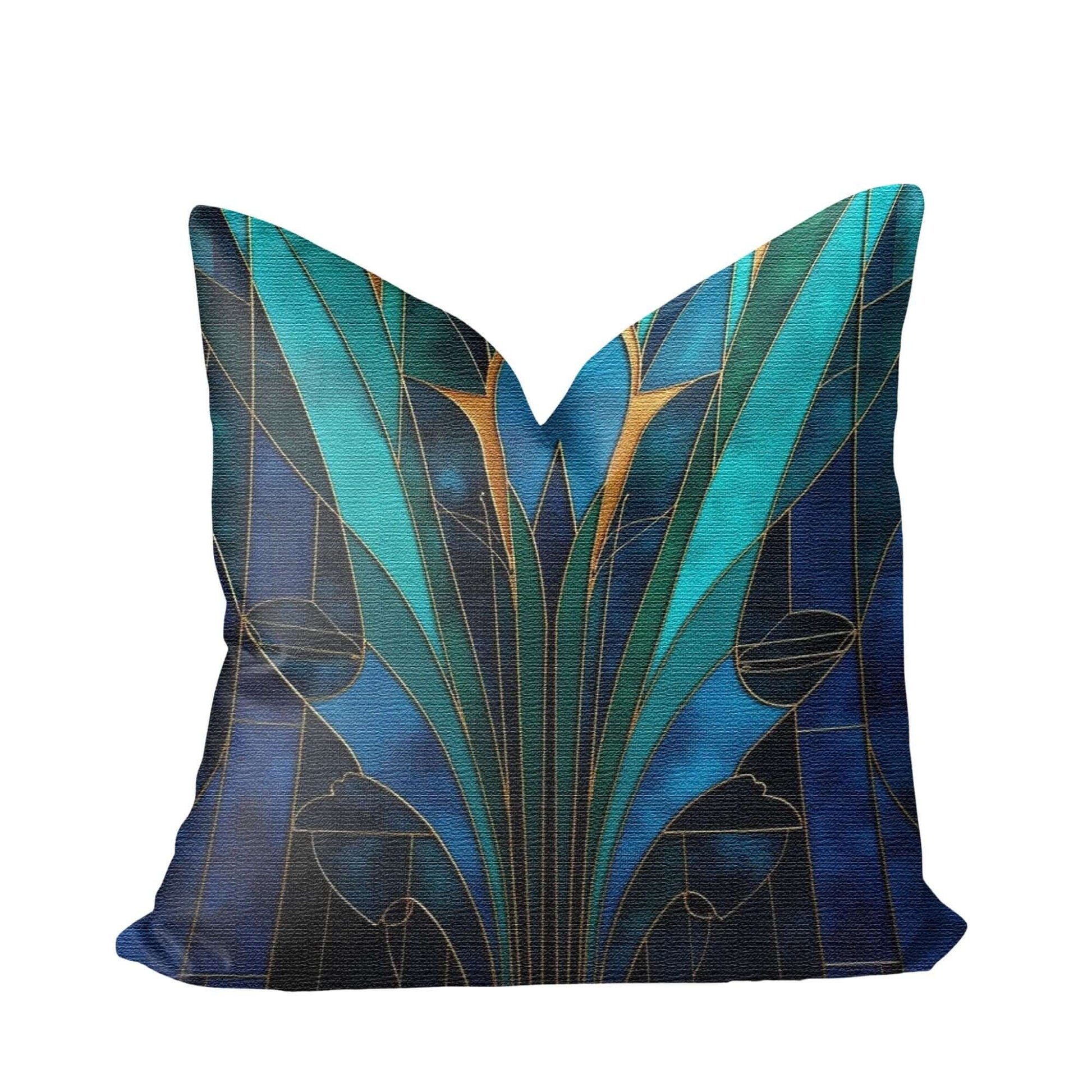 Blue And Teal Art Deco Woven Pillow against a white background