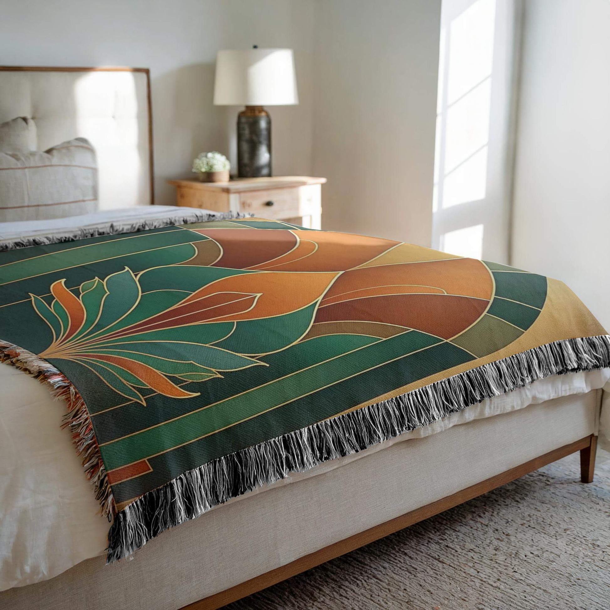 Teal and Bronze Art Deco Design Woven Blanket Tapestry