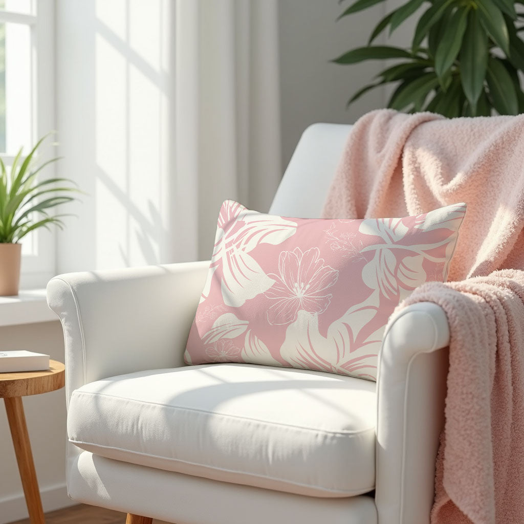 Pink and White Floral Lumbar Pillow on a white armchair with a pink blanket.