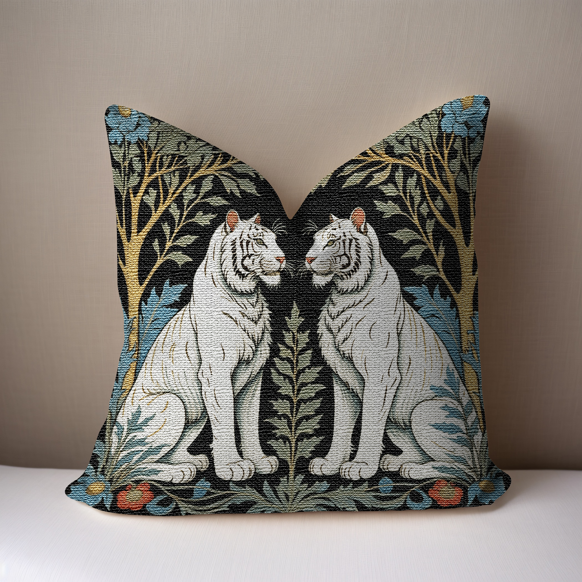Exotic White Tiger Woven Pillow featuring a detailed design of two white tigers in a lush botanical setting.