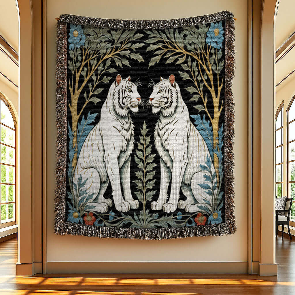 White Tiger Woven Luxury Blanket hanging on a gallery wall.