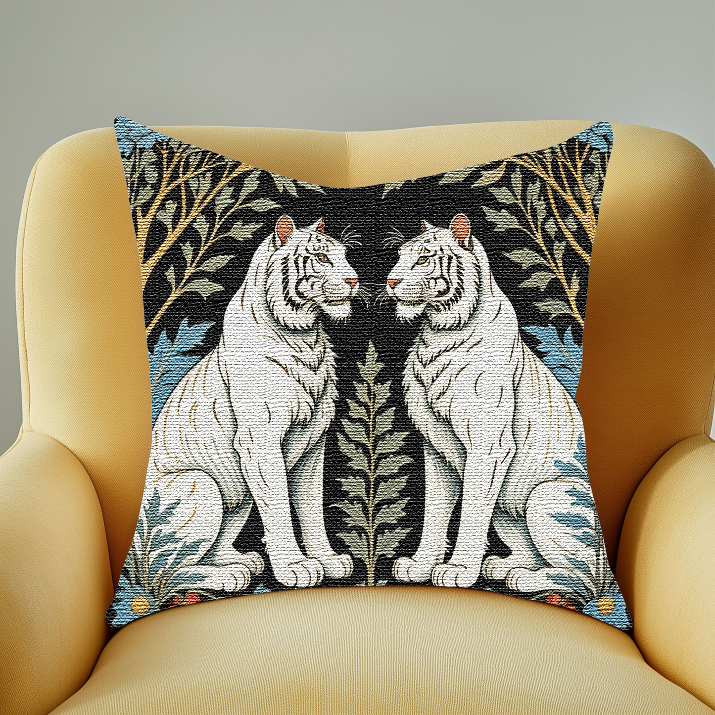 Exotic White Tiger Woven Pillow resting on a yellow armchair